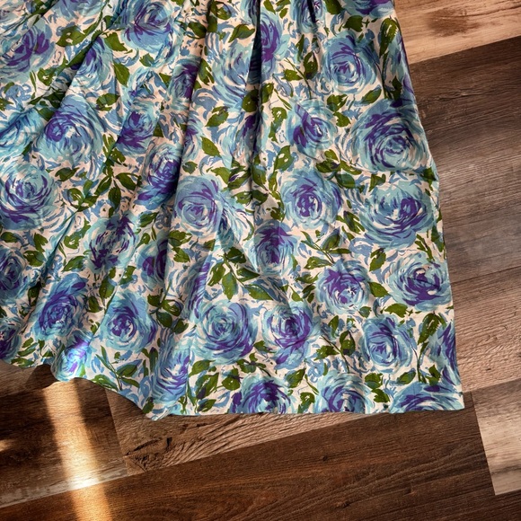 Floral Blue and Green Vintage Dress, 1950s blue roses, small - Picture 8 of 11